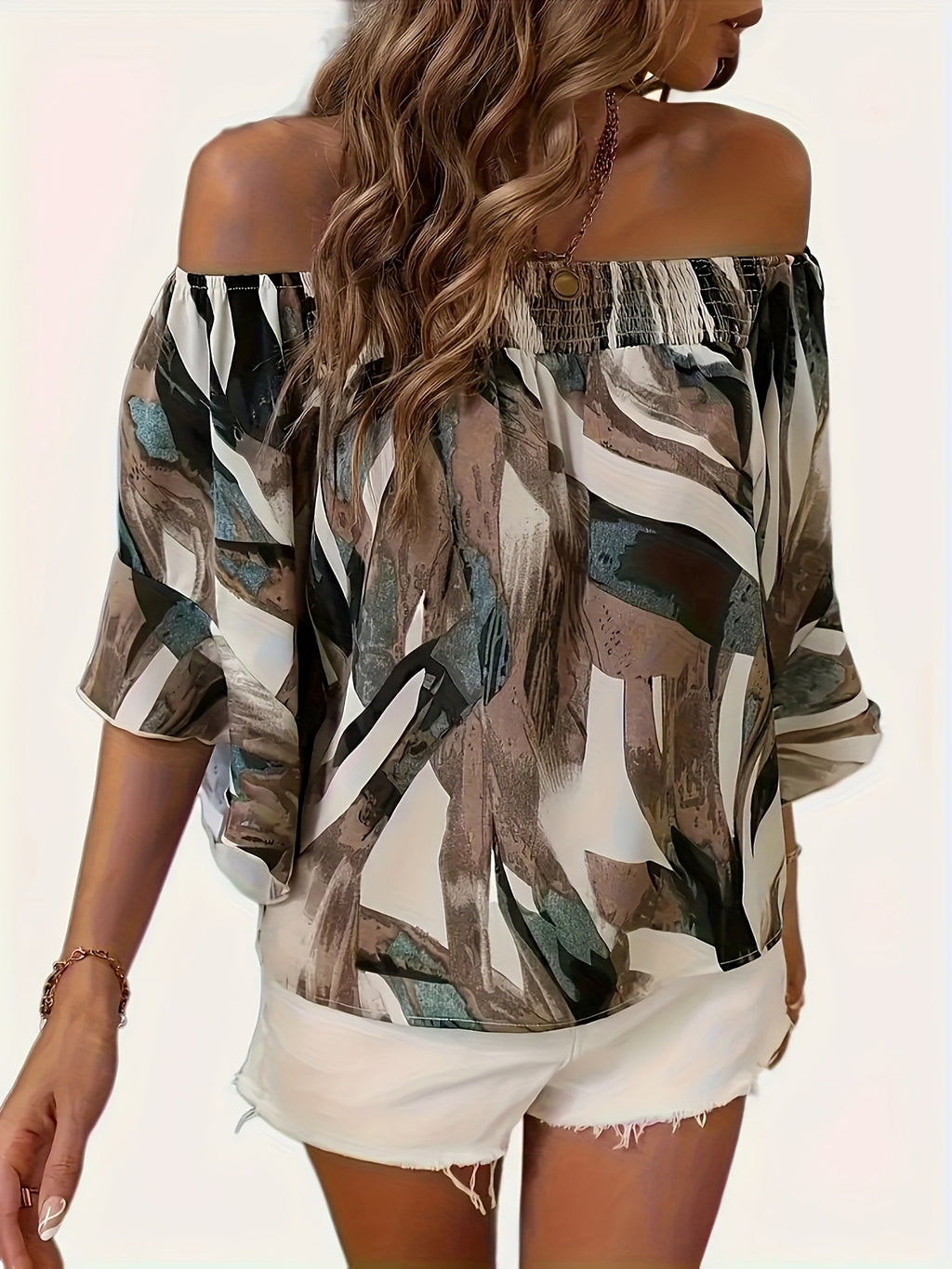 Women’s Off-Shoulder Printed Blouse with Relaxed Flowing Sleeves