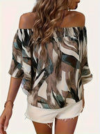 Women’s Off-Shoulder Printed Blouse with Relaxed Flowing Sleeves