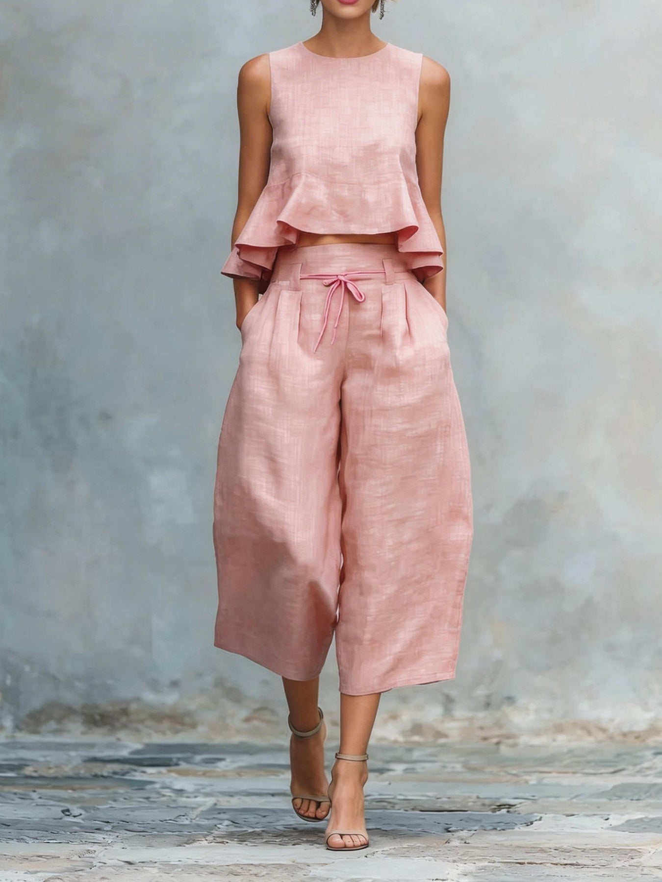 Women's Linen Two-Piece Set with Sleeveless Top and Wide-Leg Trousers