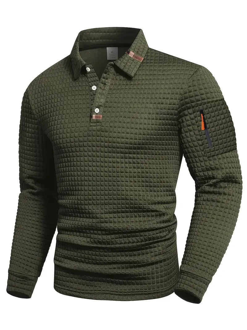 Polo à manches longues texturé pour homme avec fermeture à boutons quart de zip