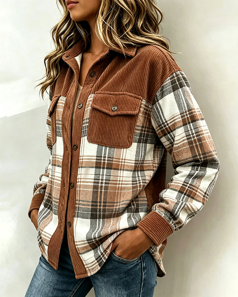 Chemise à boutons contrastés à carreaux pour femme