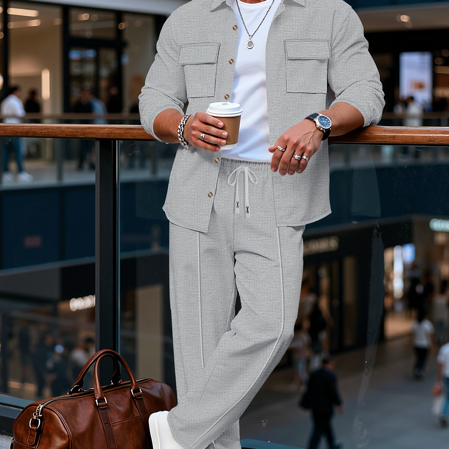 Men's Textured Overshirt & Trousers Set