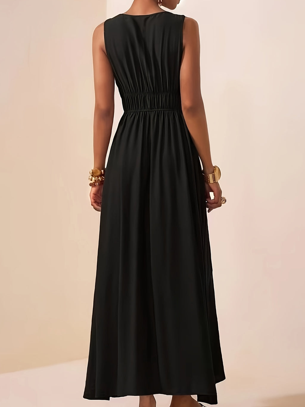 Women's Sleeveless Maxi Dress with V-Neck and Beaded Strap Details