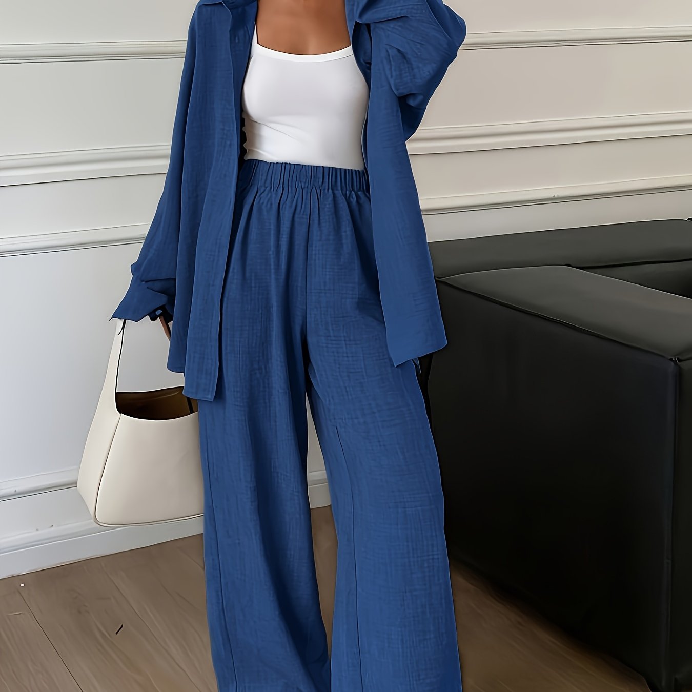 Women's Relaxed Button-Up Shirt and Wide Leg Pants Two-Piece Set