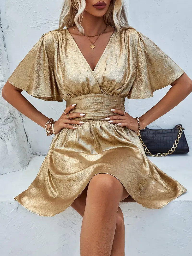 Women's Shimmer V-Neck Dress with Flutter Sleeves for Special Occasions