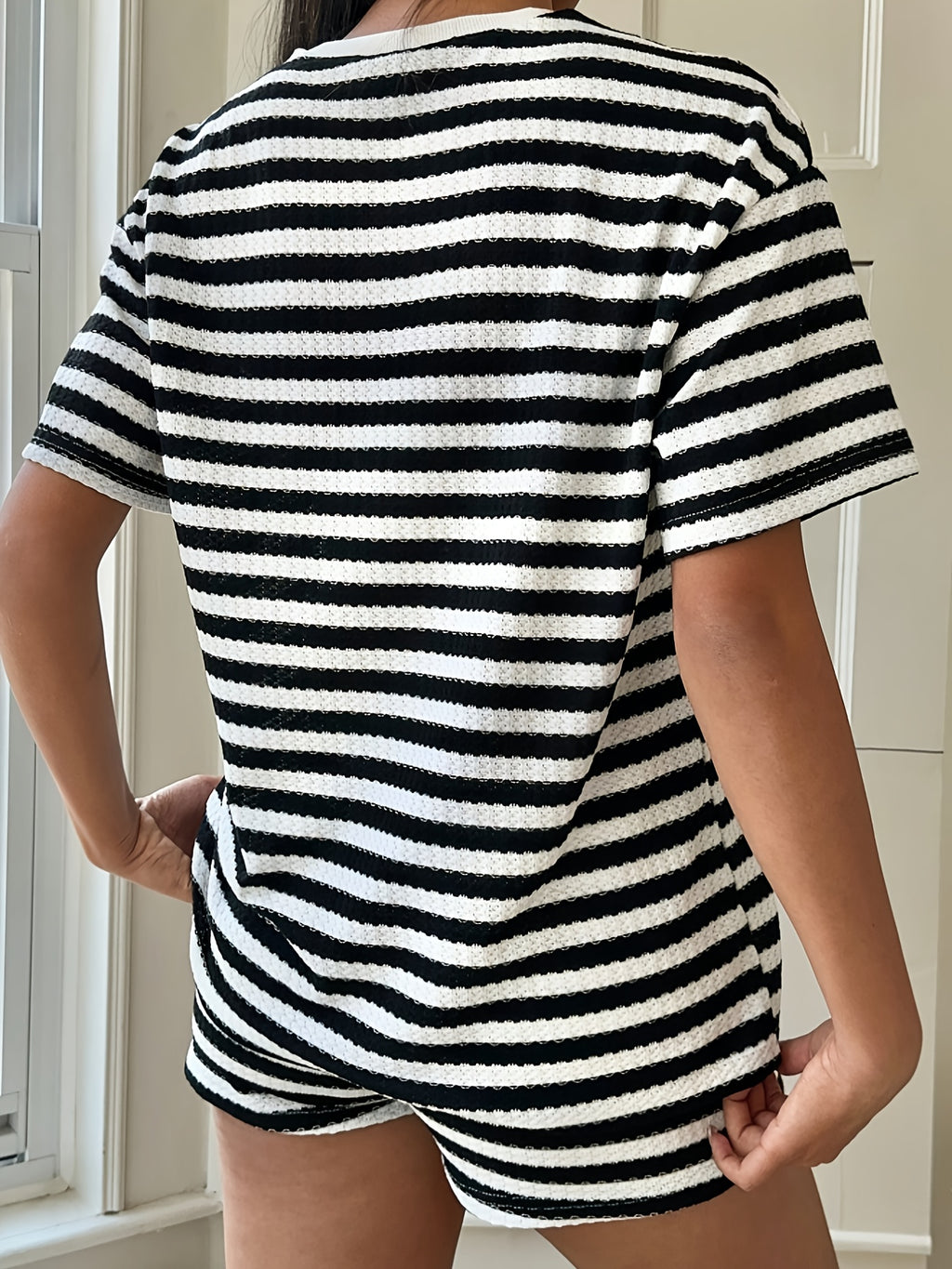 Women's Textured Stripe Lounge Set With Short Sleeve Top And Shorts