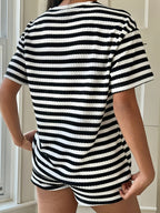 Women's Textured Stripe Lounge Set With Short Sleeve Top And Shorts