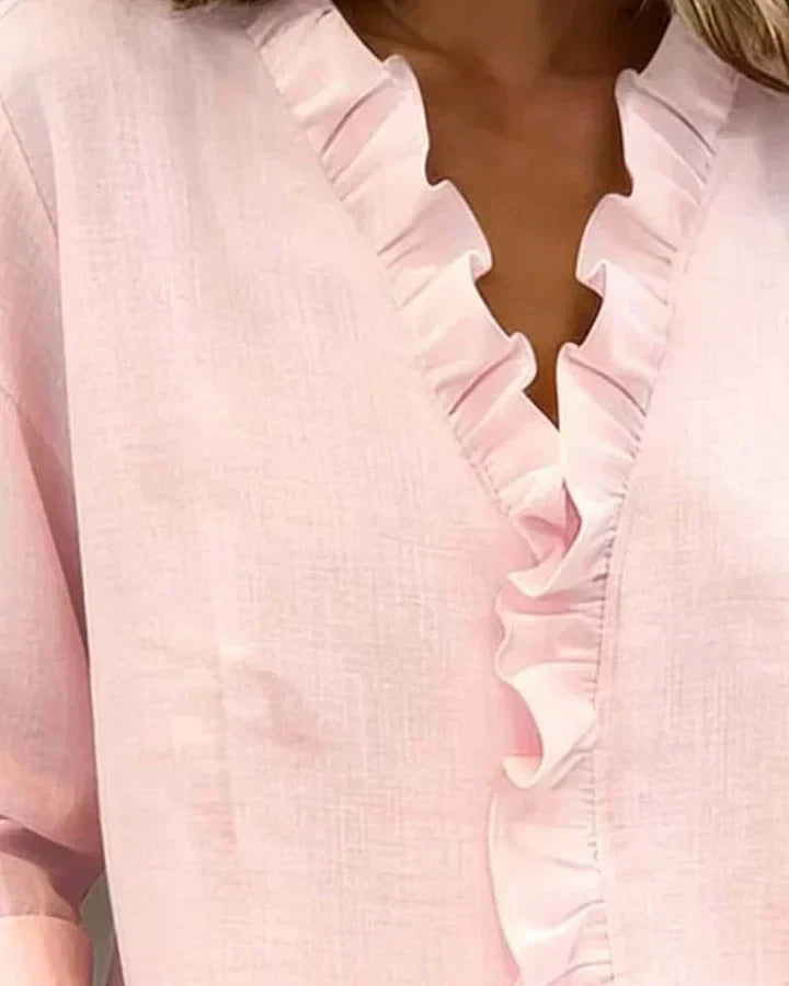 Women's Ruffle V-Neck Blouse with Long Sleeves for Elegant Everyday Wear