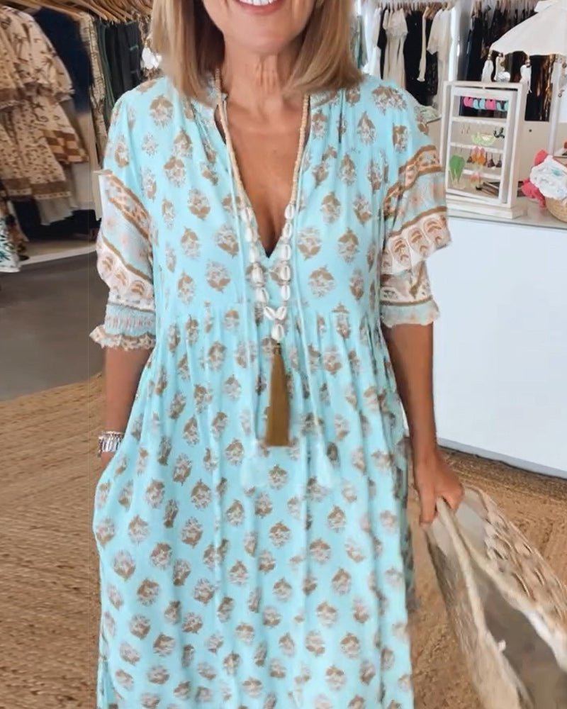 Women's Bohemian Print Maxi Dress with Tassel Tie Neckline