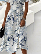 Women's Botanical Print Midi Dress with V-Neck for Effortless Elegance