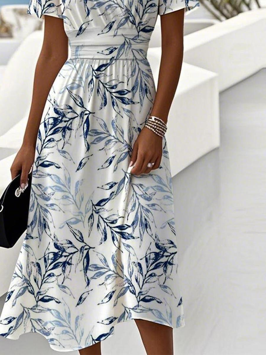 Women's Botanical Print Midi Dress with V-Neck for Effortless Elegance