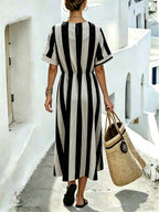 Women's Striped Midi Dress with Waist Detail and Short Sleeves