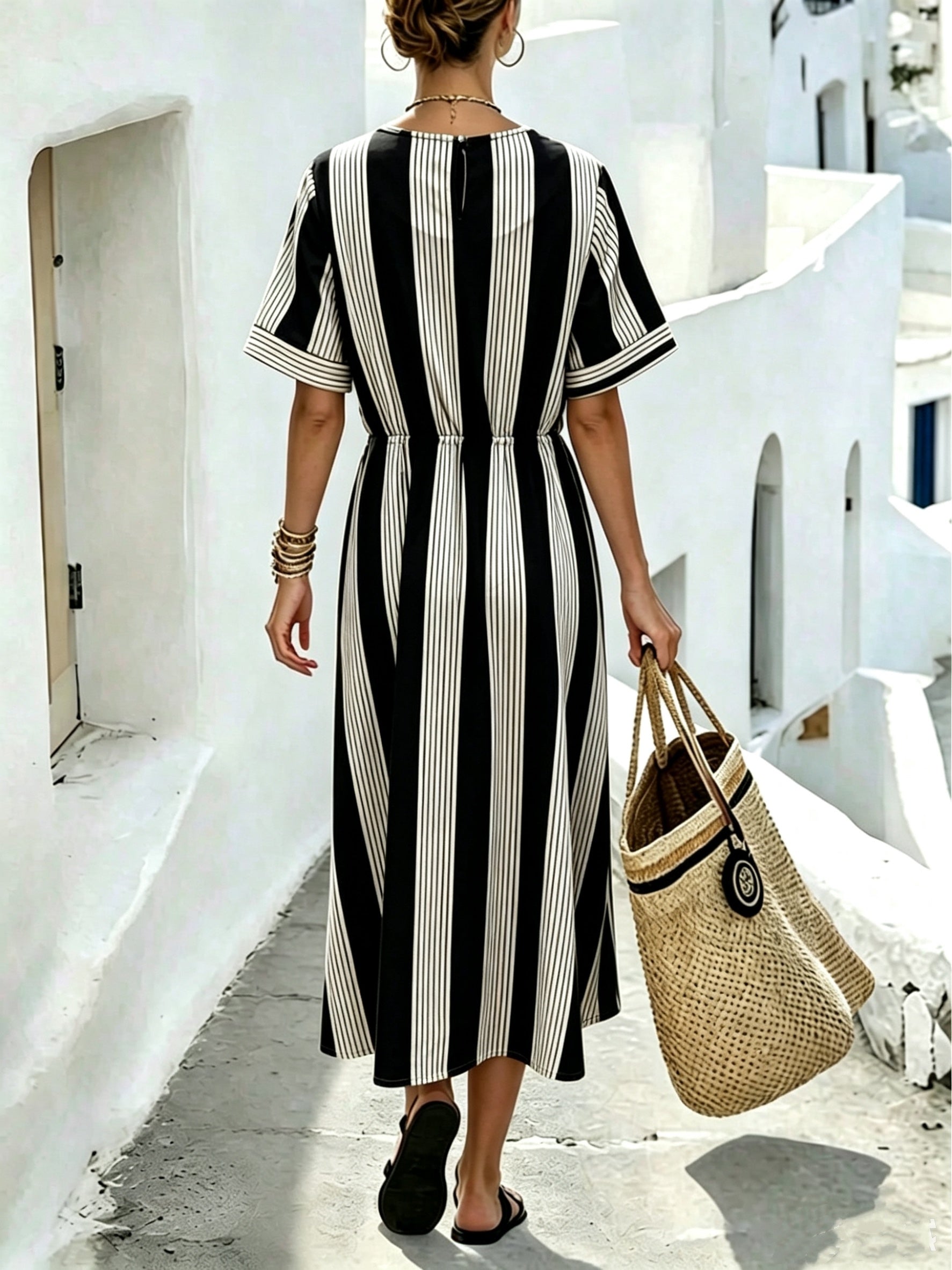 Women's Striped Midi Dress with Waist Detail and Short Sleeves