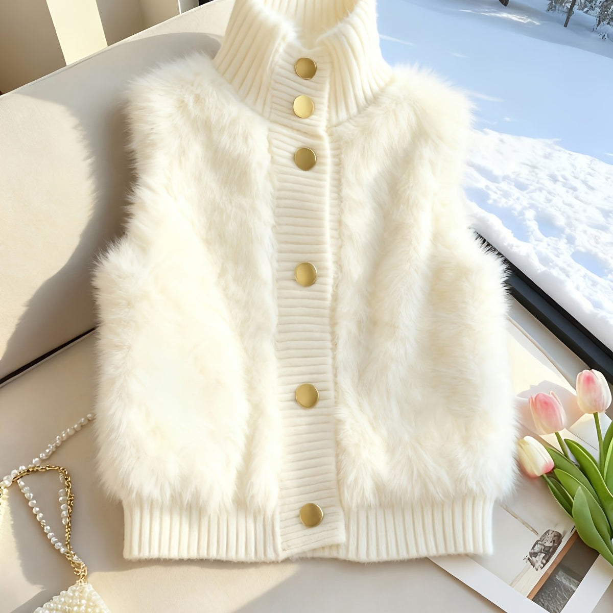 Gilet pour femme en fausse fourrure, boutonné sur le devant, à col montant