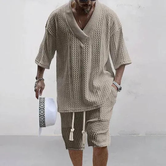 Men's Knit Co-ord Set with Cable Pattern Relaxed Fit Comfortable Summer Style