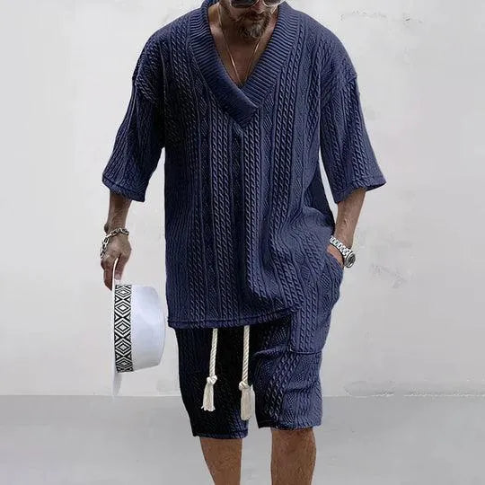 Men's Knit Co-ord Set with Cable Pattern Relaxed Fit Comfortable Summer Style