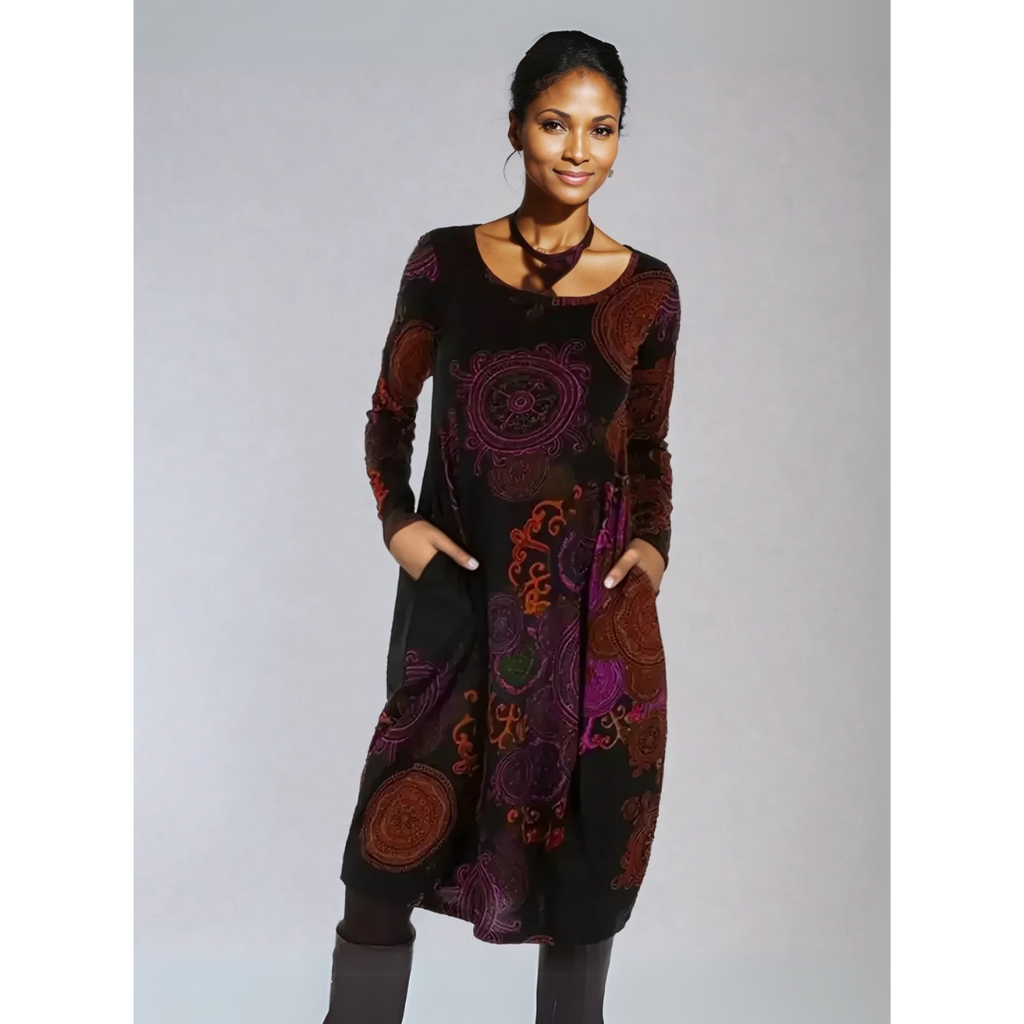 Boho-Midikleid für Damen mit Mandala-Print und langen Ärmeln für eleganten Stil