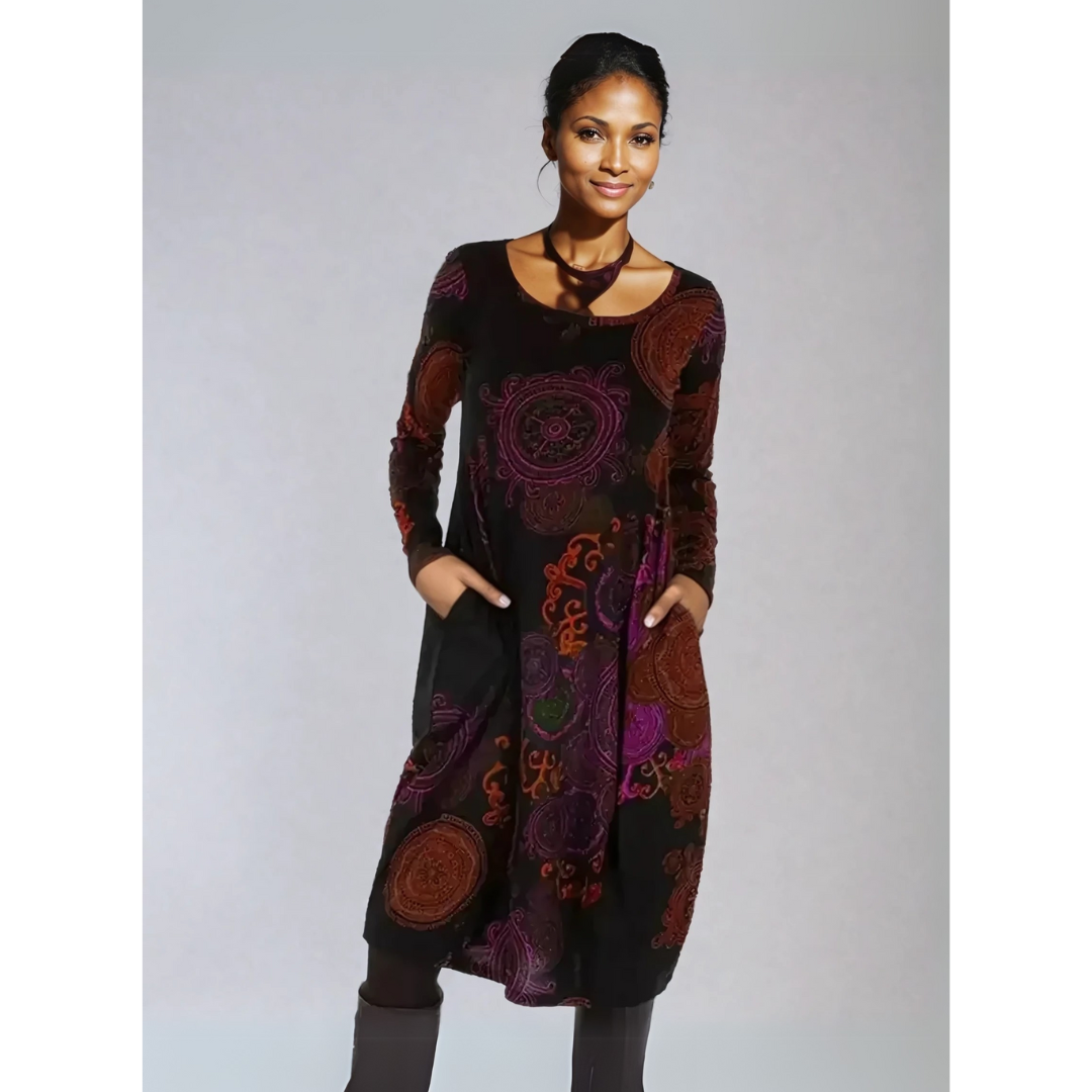 Boho-Midikleid für Damen mit Mandala-Print und langen Ärmeln für eleganten Stil