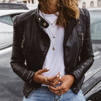 Women's Faux Leather Biker Jacket with Quilted Sleeves
