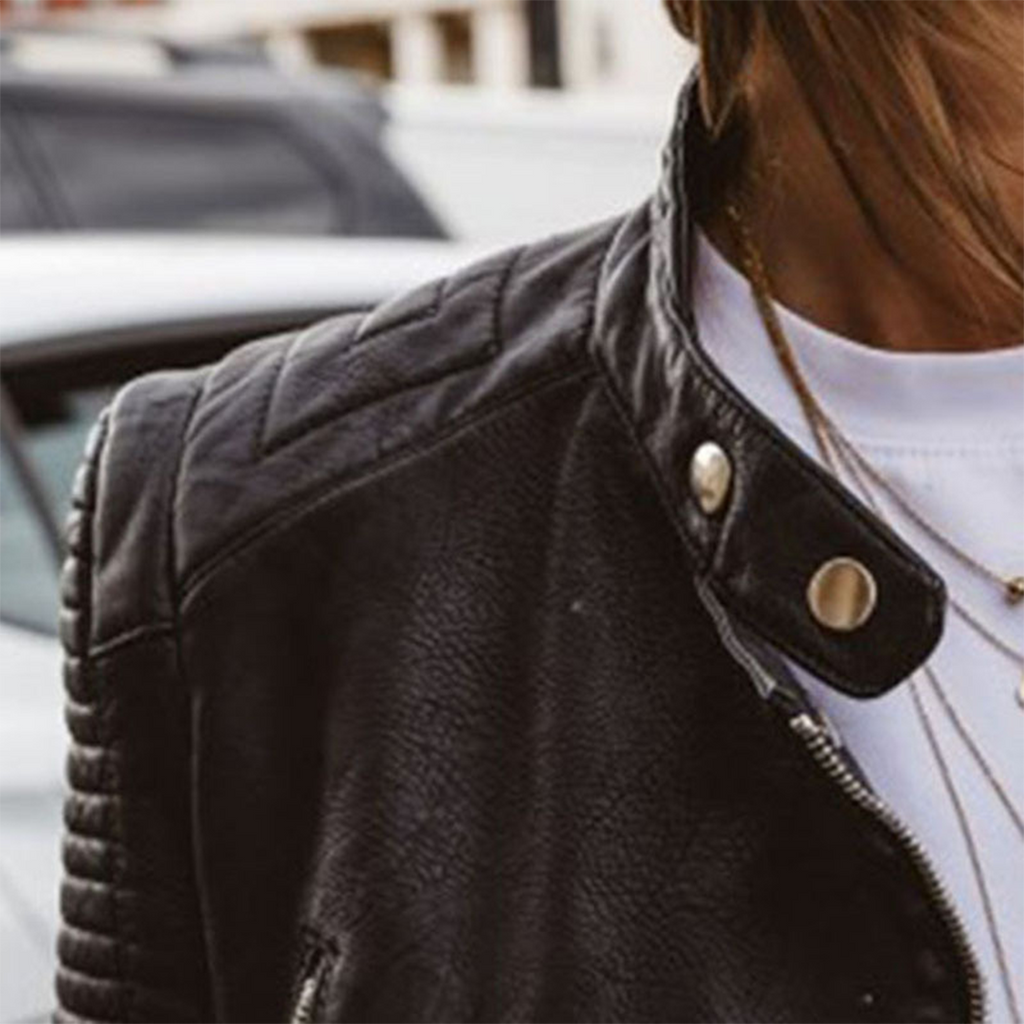 Women's Faux Leather Biker Jacket with Quilted Sleeves