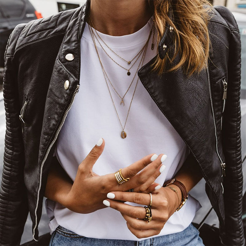 Women's Faux Leather Biker Jacket with Quilted Sleeves