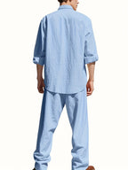 Men's Linen Two-Piece Set with Band Collar Shirt for Summer Comfort