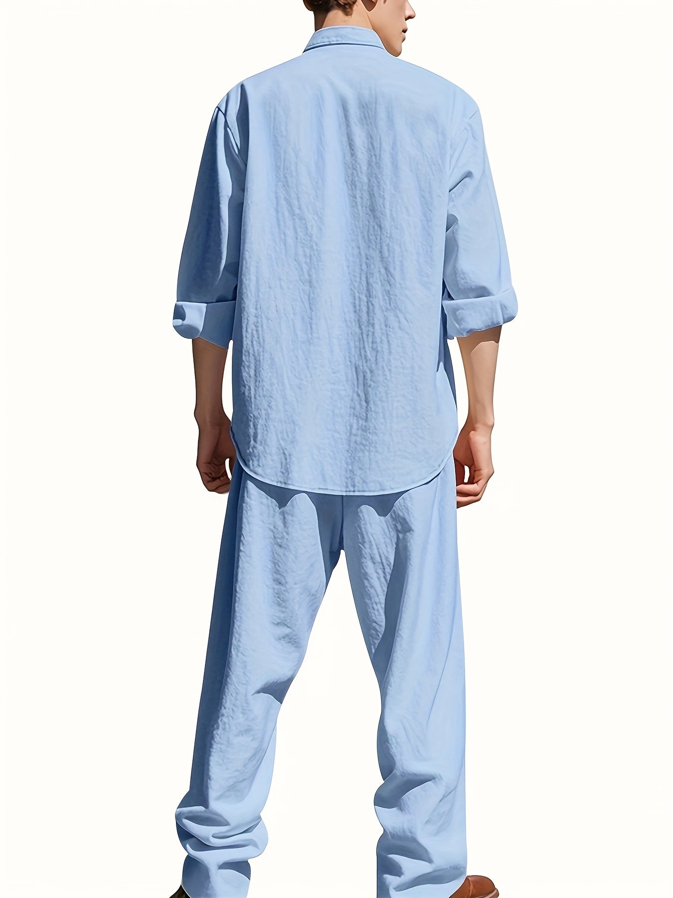 Men's Linen Two-Piece Set with Band Collar Shirt for Summer Comfort