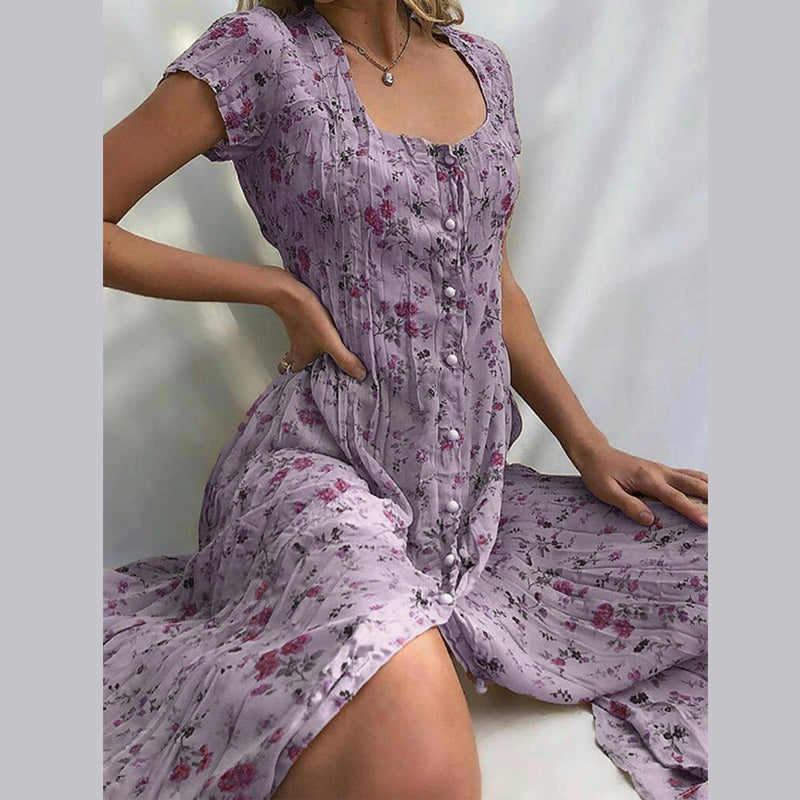 Women’s Floral Midi Dress with Vintage Button Detail and Flowing Fit