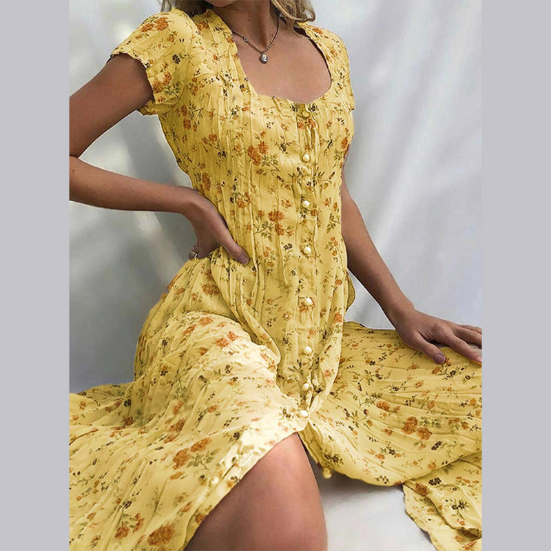 Women’s Floral Midi Dress with Vintage Button Detail and Flowing Fit