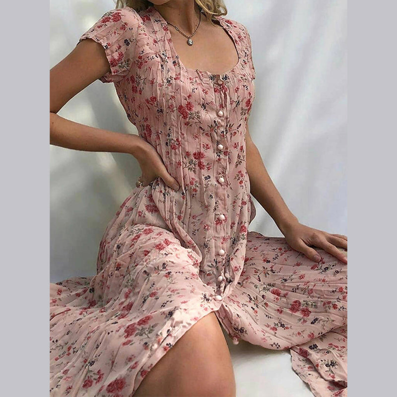 Women’s Floral Midi Dress with Vintage Button Detail and Flowing Fit
