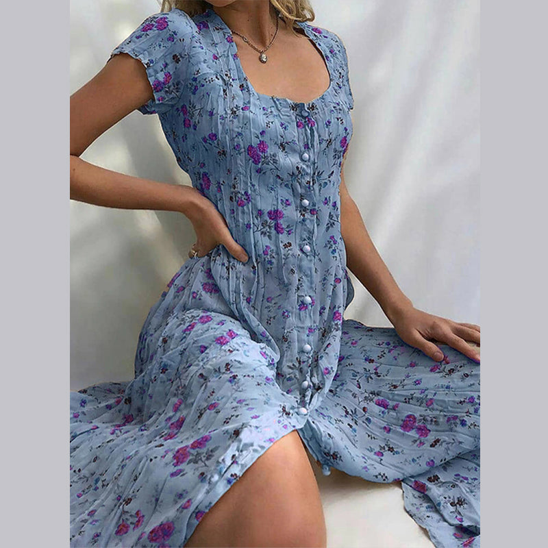 Women’s Floral Midi Dress with Vintage Button Detail and Flowing Fit