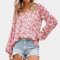 Women's Floral V-Neck Blouse with Long Sleeves for Everyday Elegance