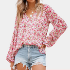 Women's Floral V-Neck Blouse with Long Sleeves for Everyday Elegance