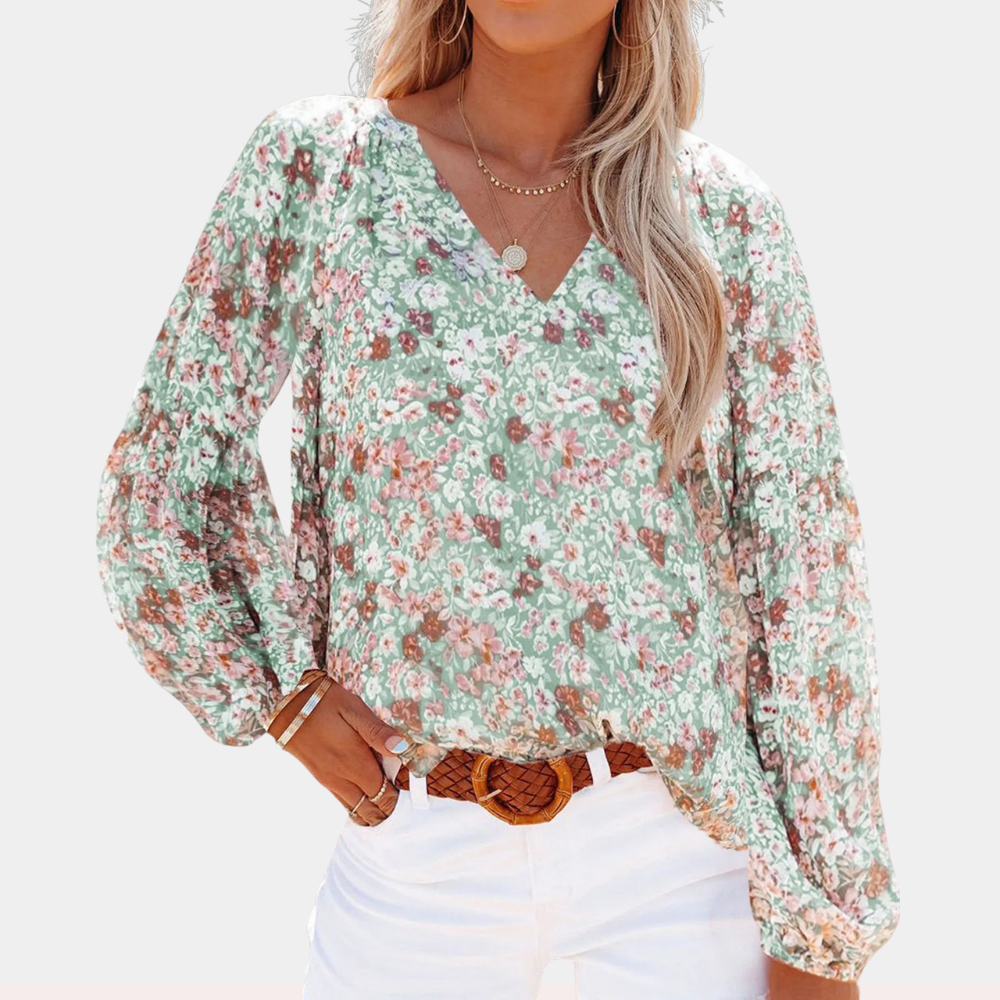 Women's Floral V-Neck Blouse with Long Sleeves for Everyday Elegance