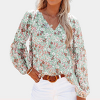 Women's Floral V-Neck Blouse with Long Sleeves for Everyday Elegance