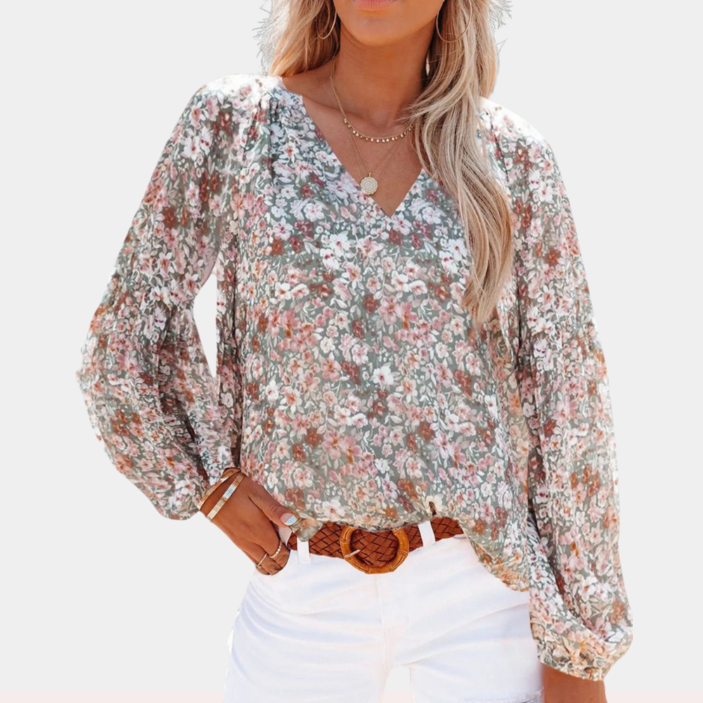 Women's Floral V-Neck Blouse with Long Sleeves for Everyday Elegance