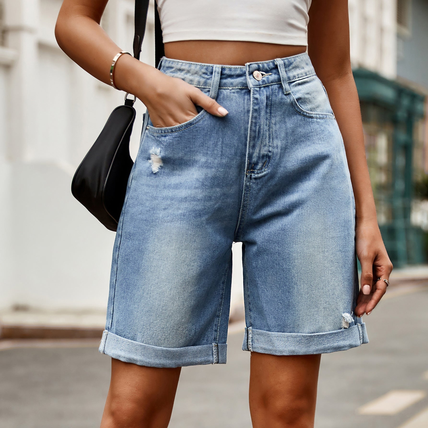 Women's High-Waisted Relaxed Fit Denim Bermuda Shorts