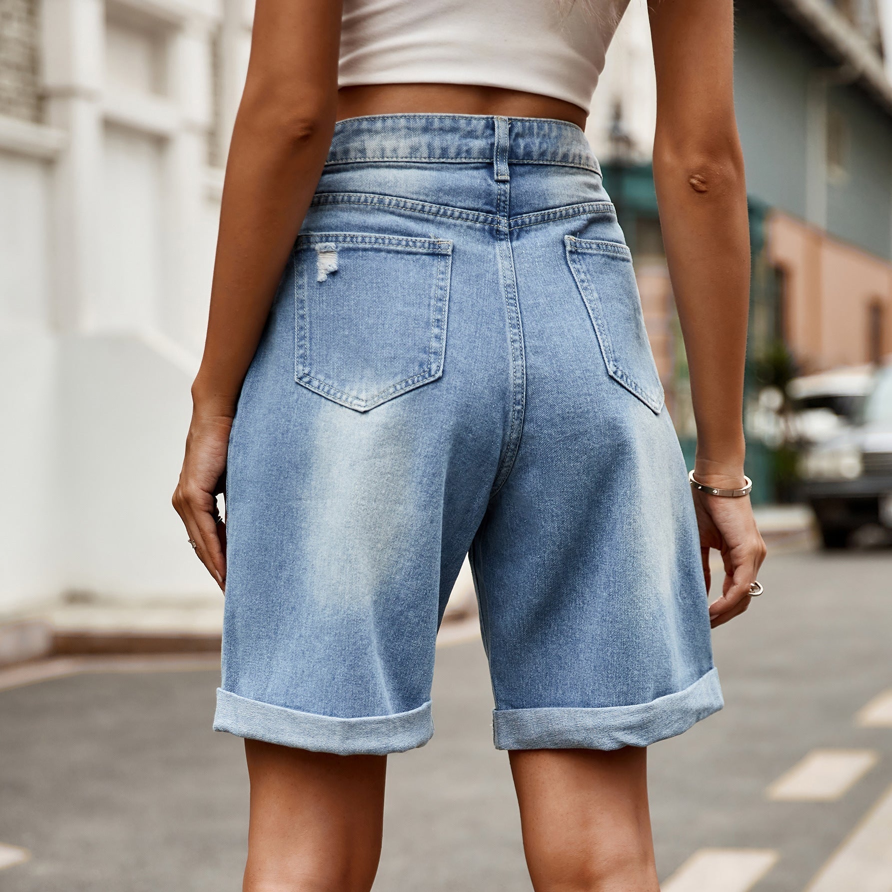 Women's High-Waisted Relaxed Fit Denim Bermuda Shorts