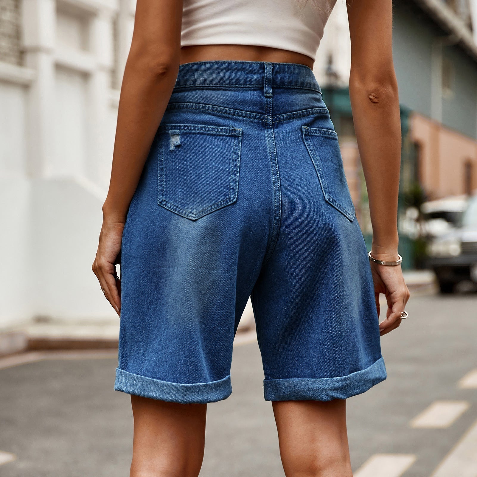 Women's High-Waisted Relaxed Fit Denim Bermuda Shorts