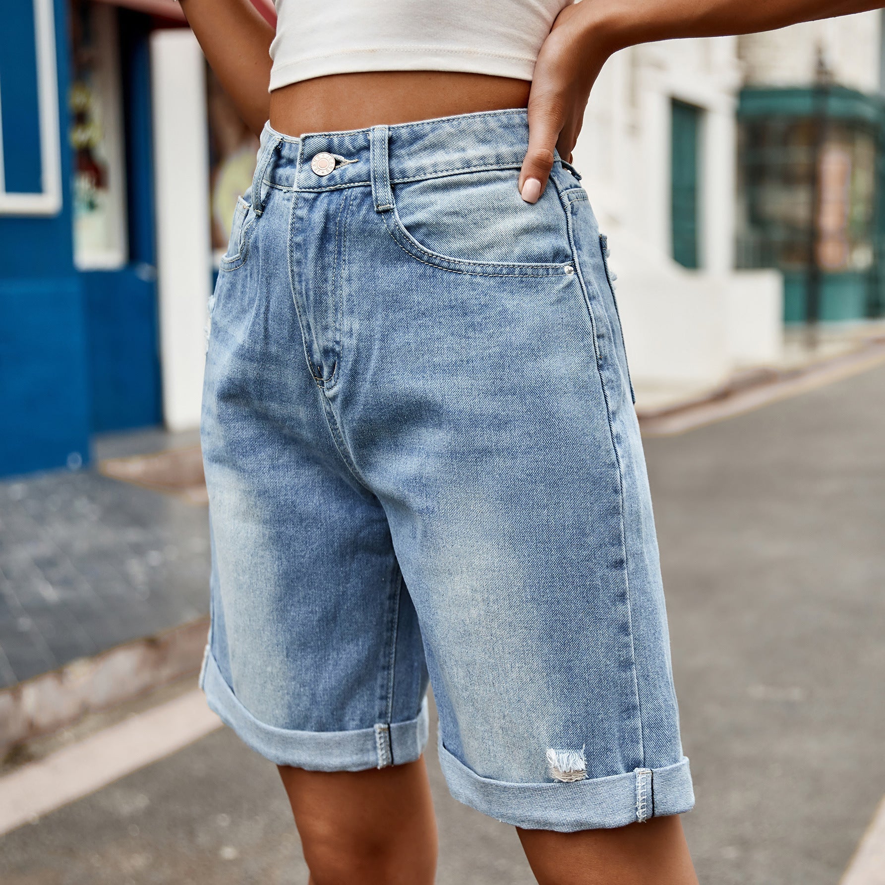 Women's High-Waisted Relaxed Fit Denim Bermuda Shorts