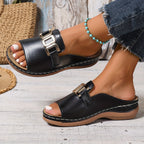Women's Slip-On Comfort Sandals with Decorative Buckle Detail