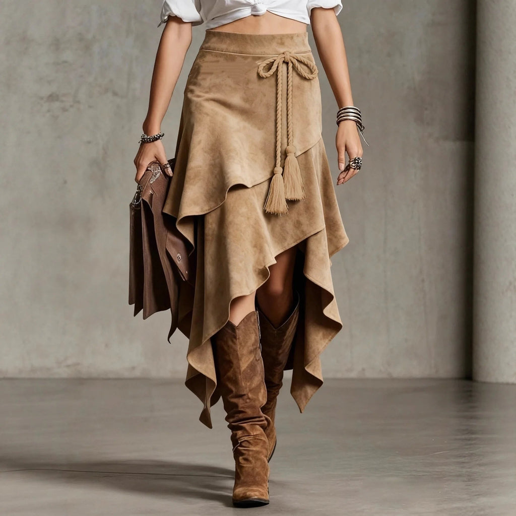 Women's Asymmetrical High Waist Wrap Midi Skirt with Tassel Tie Belt