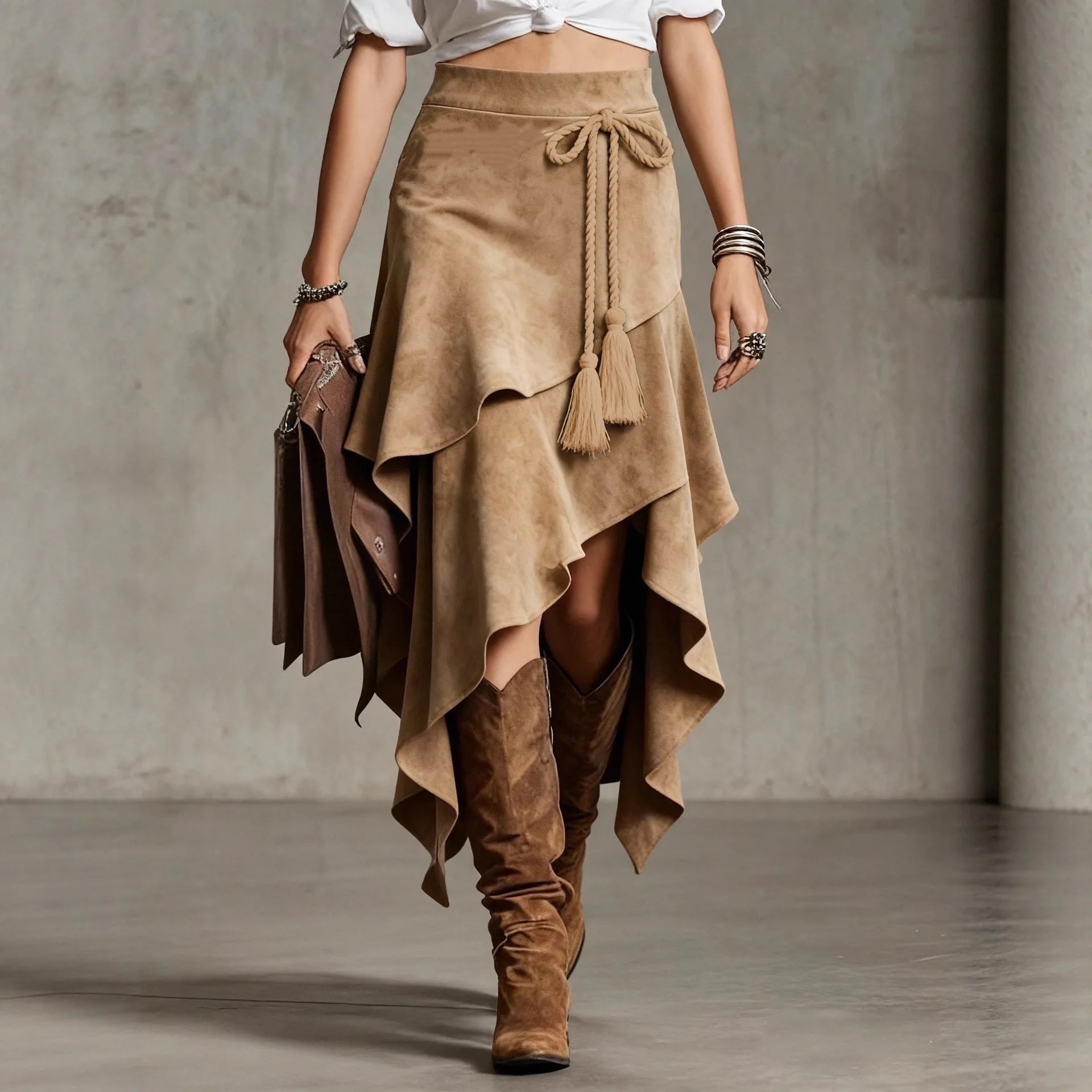 Women's Asymmetrical High Waist Wrap Midi Skirt with Tassel Tie Belt