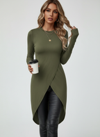 Women's Long Sleeve Asymmetrical Wrap Hem Tunic Top for Everyday Wear