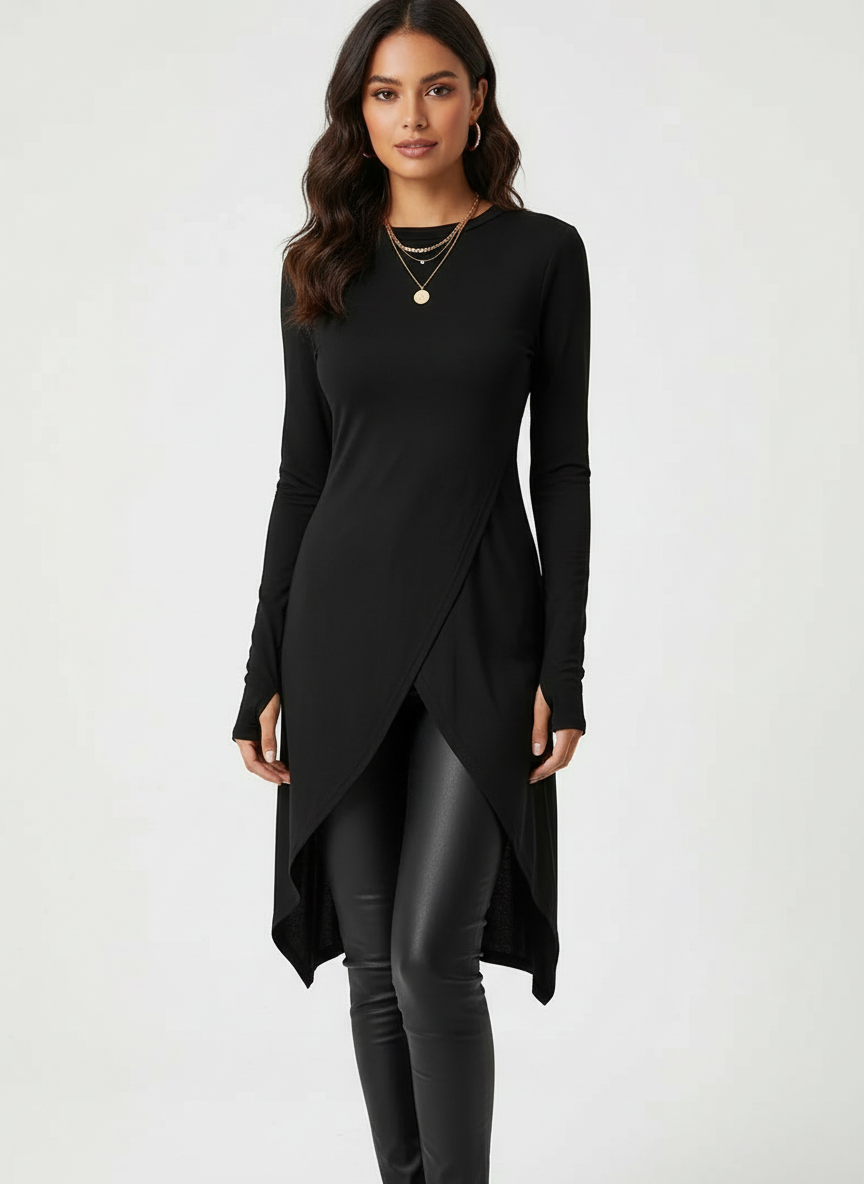 Women's Long Sleeve Asymmetrical Wrap Hem Tunic Top for Everyday Wear