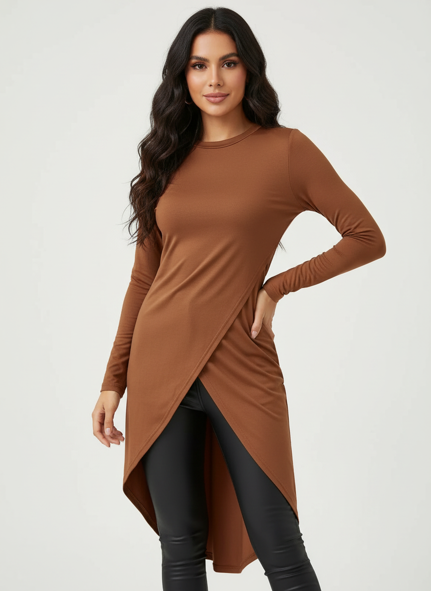 Women's Long Sleeve Asymmetrical Wrap Hem Tunic Top for Everyday Wear