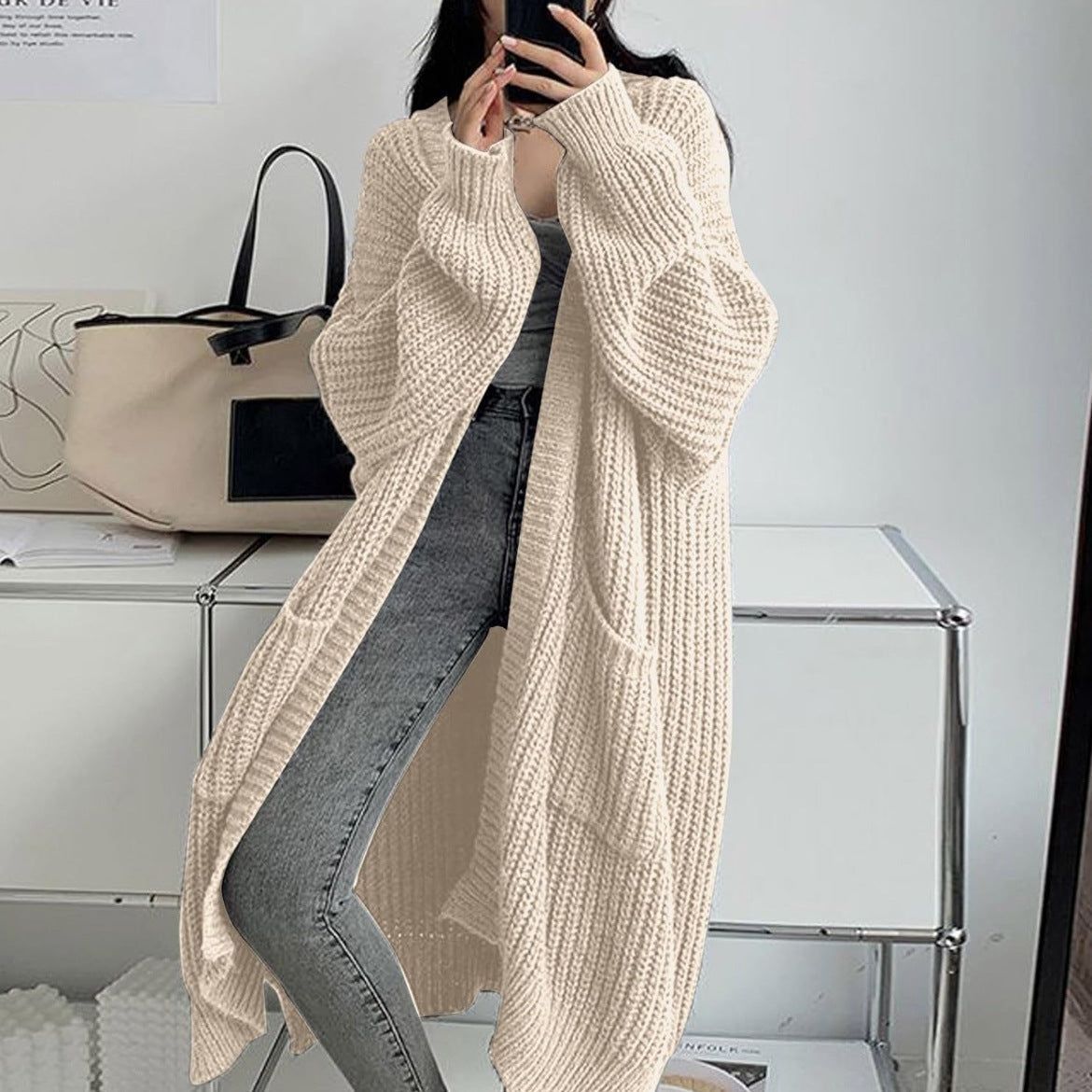 Lange Strickjacke für Damen mit offener Vorderseite