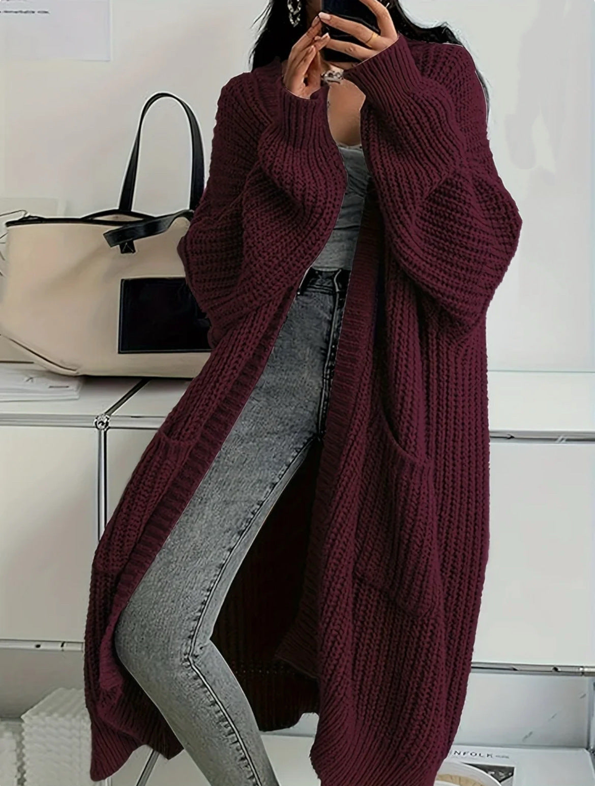 Lange Strickjacke für Damen mit offener Vorderseite