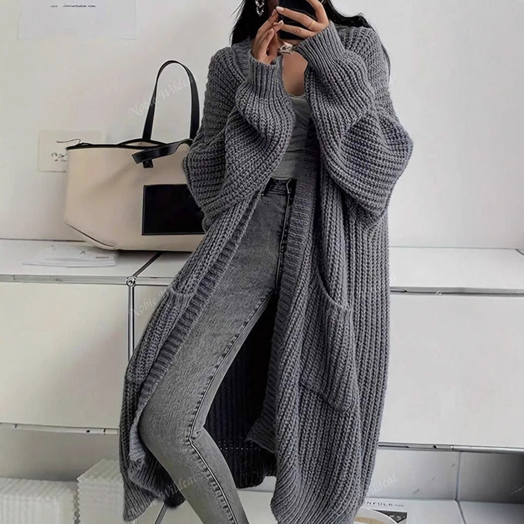 Lange Strickjacke für Damen mit offener Vorderseite