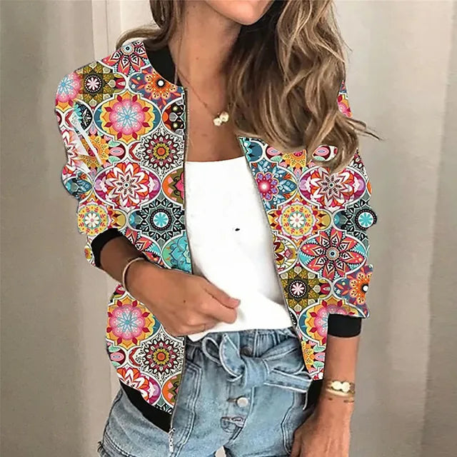 Women Floral Patchwork Jacket with Zip Closure and Bold Statement Design